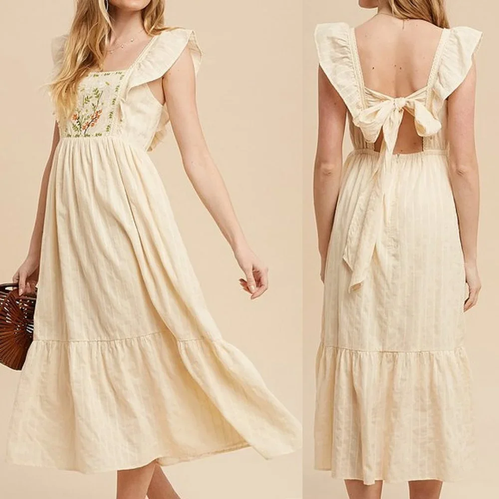 NEW Cream Apron Ruffle Square Neck Floral Embroidered Tie Back Cotton Midi Dress - Picture 9 of 12